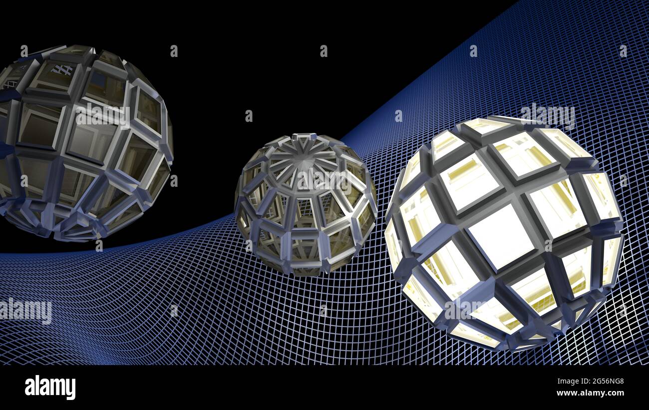 Arrière-plan abstrait avec une lumière sphérique sur une surface de grille bleue - illustration de rendu 3D Banque D'Images