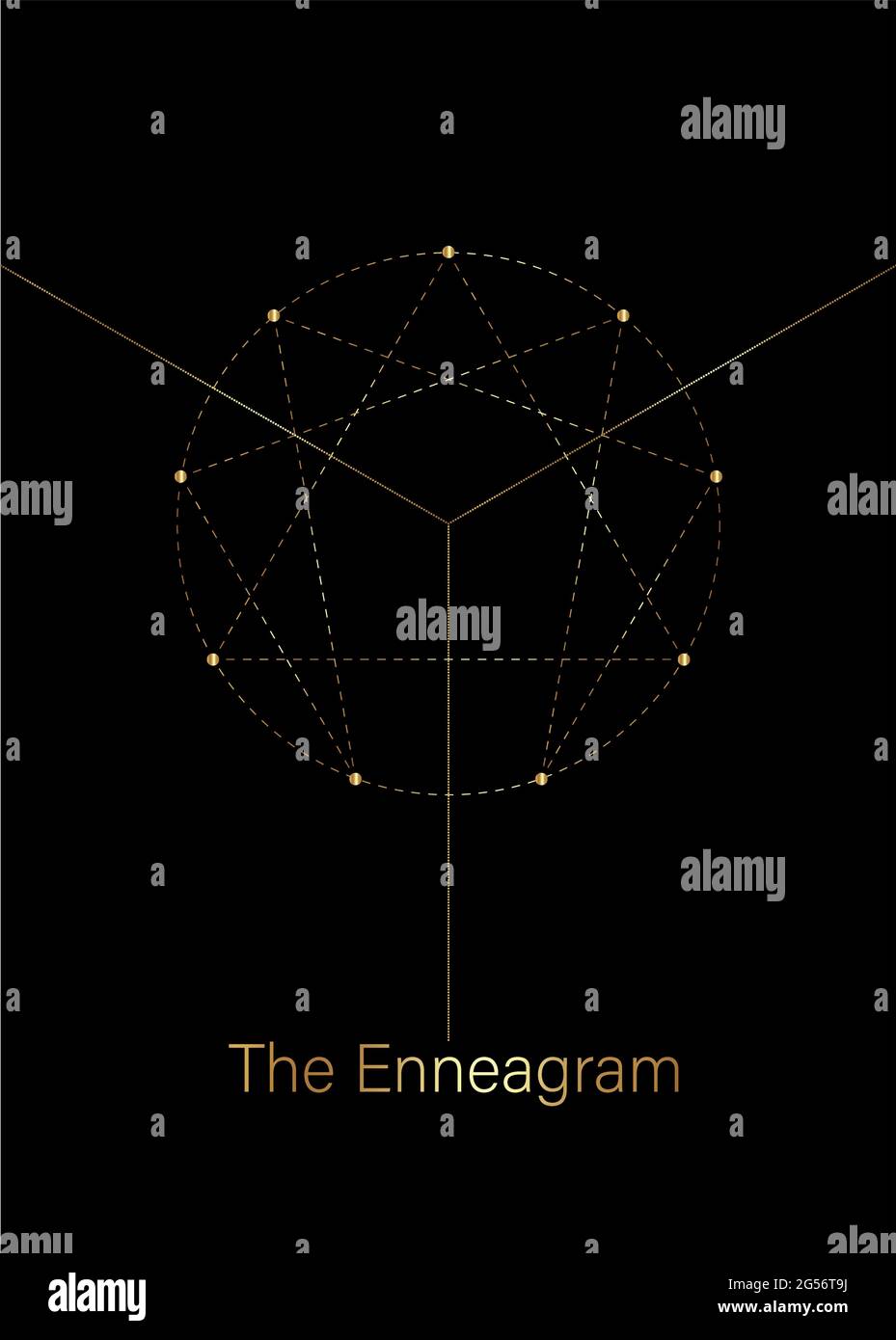 Icône Enneagram, géométrie sacrée de luxe doré, modèle de logo de diagramme, un à neuf concernant les neuf types de personnalité, style en pointillés dorés Illustration de Vecteur