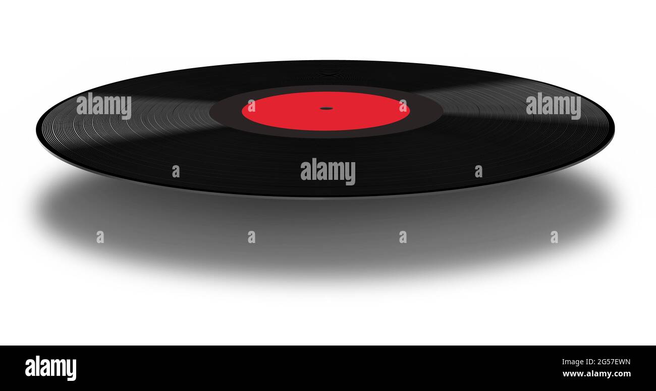L'illustration 3-d montre un album noir en vinyle à 33 1/3 tr/min avec une étiquette rouge. Banque D'Images