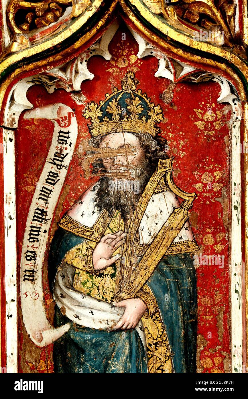 Prophète Roi David, avec Harp, médiéval, toile d'écran rood, Thornham, Norfolk, iconoclastique, iconoclasme, défacement pendant la réforme, Norfolk Banque D'Images