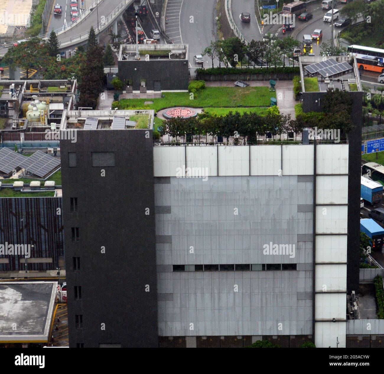 Un jardin de toit vert sur le bâtiment électrique HK à WAN Chai, Hong Kong. Banque D'Images