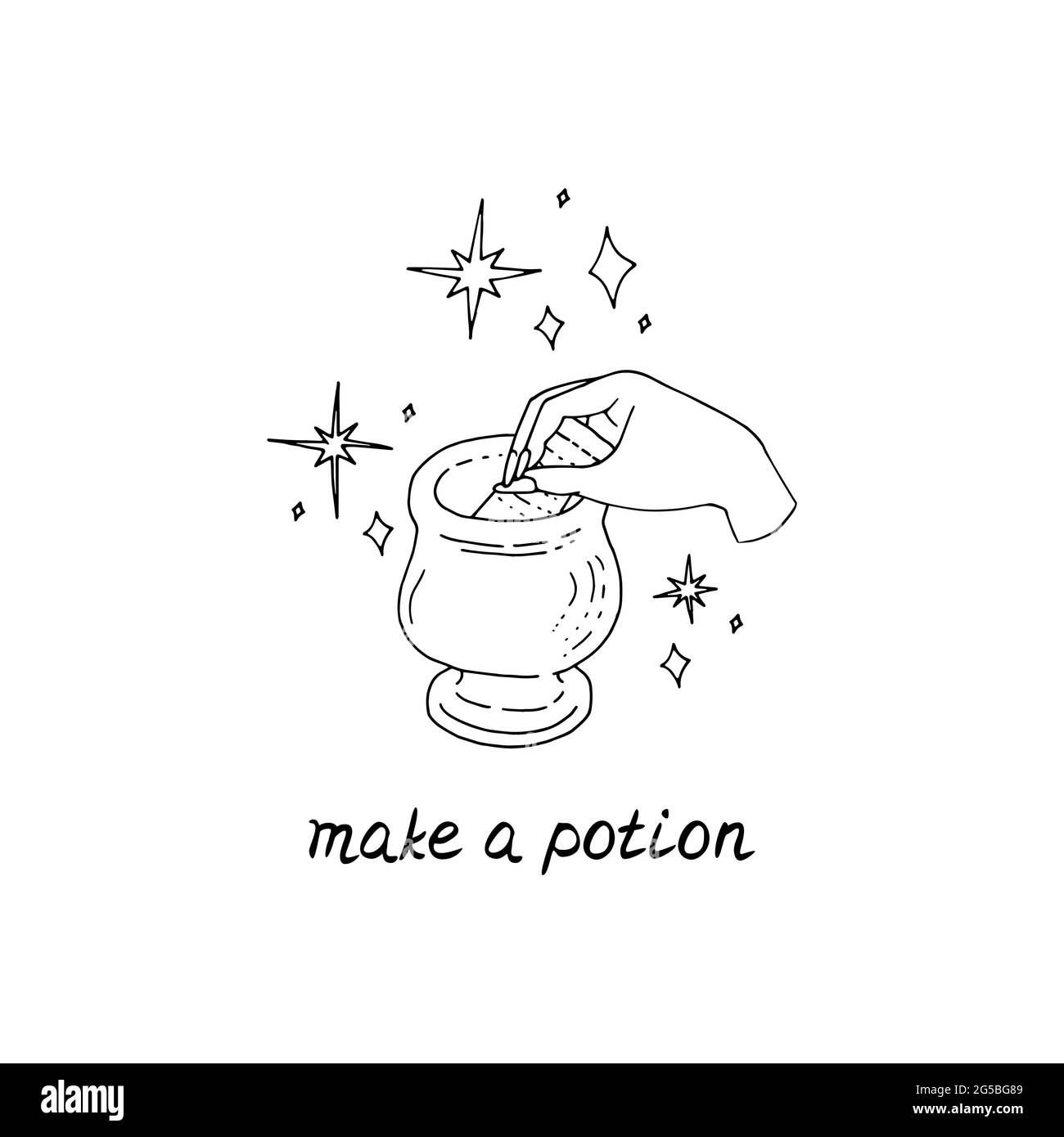 Illustration Line art des mains de sorcière dessinées à la main tenant le mortier de pierre. Le lettrage du texte fait une potion. Illustration de Vecteur