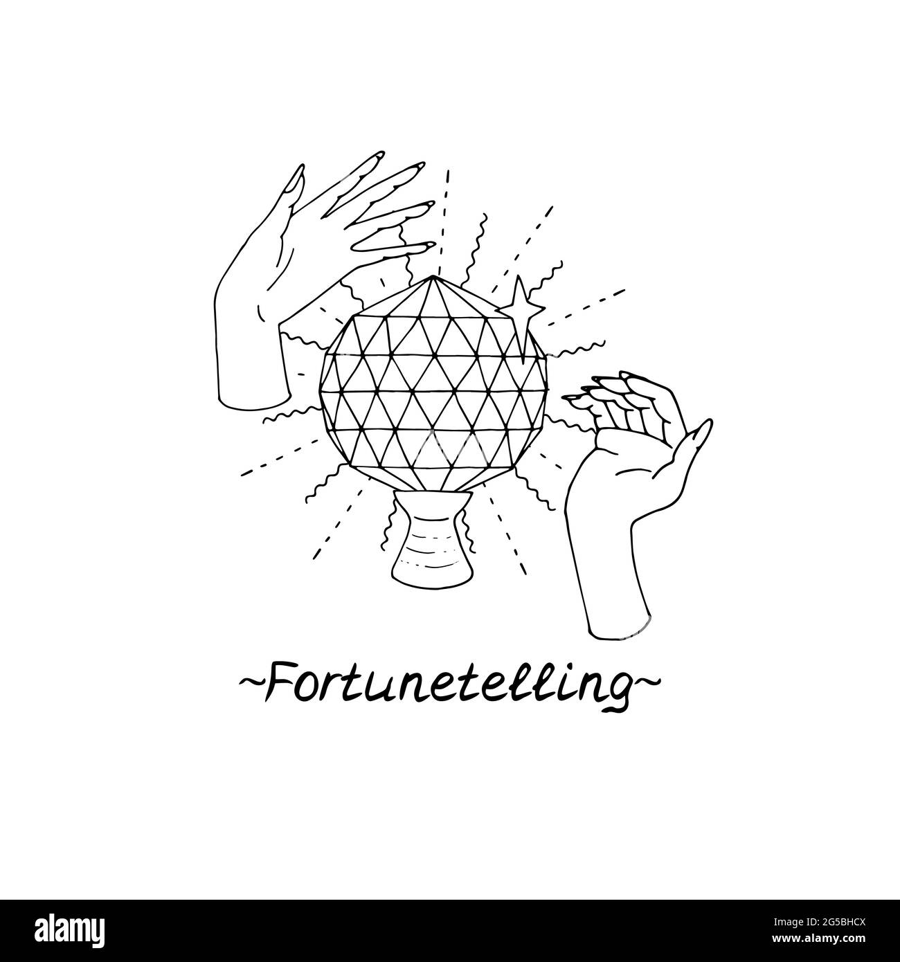 Illustration Line art des mains de sorcière dessinées à la main tenant la boule de cristal. Texte lettrage heureusement. Illustration de Vecteur
