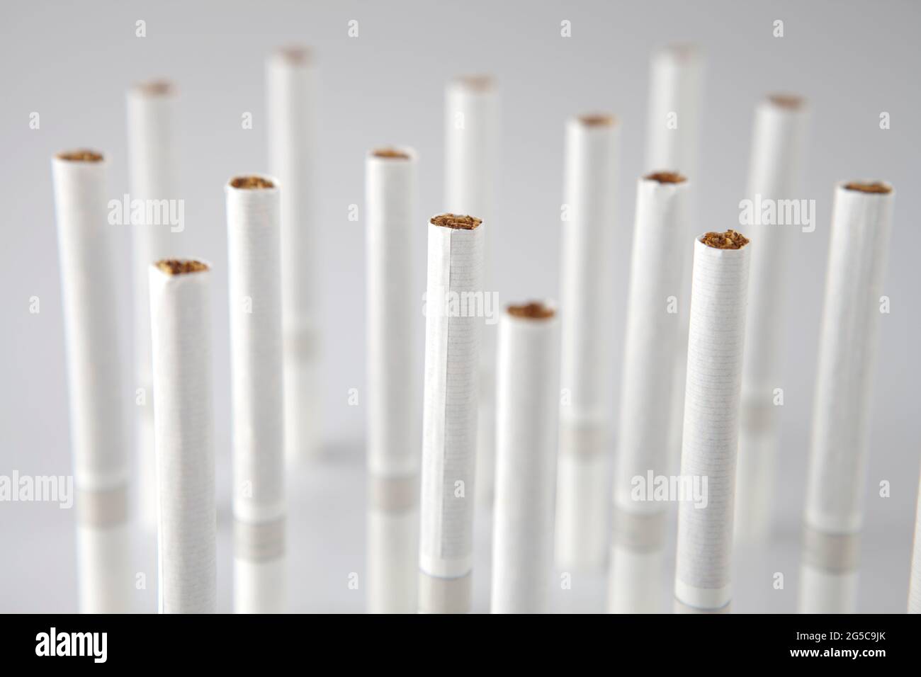 Gros plan d'une pile de cigarettes sur fond blanc Banque D'Images