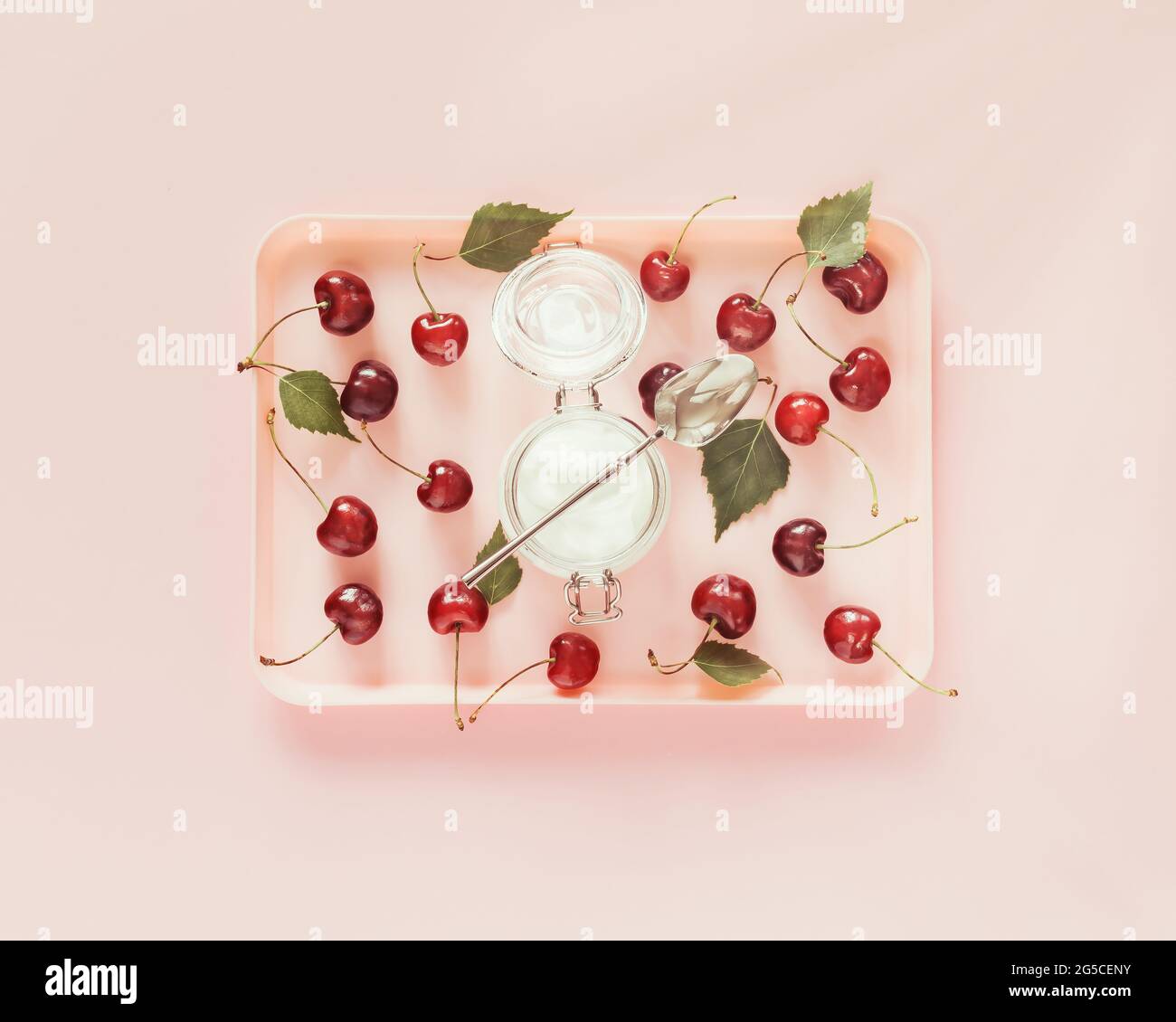 Composition alimentaire d'été avec plateau en plastique avec saison, cerises de ferme et yaourt naturel sur fond rose. Nourriture saine pour enfants ou à l'école Banque D'Images