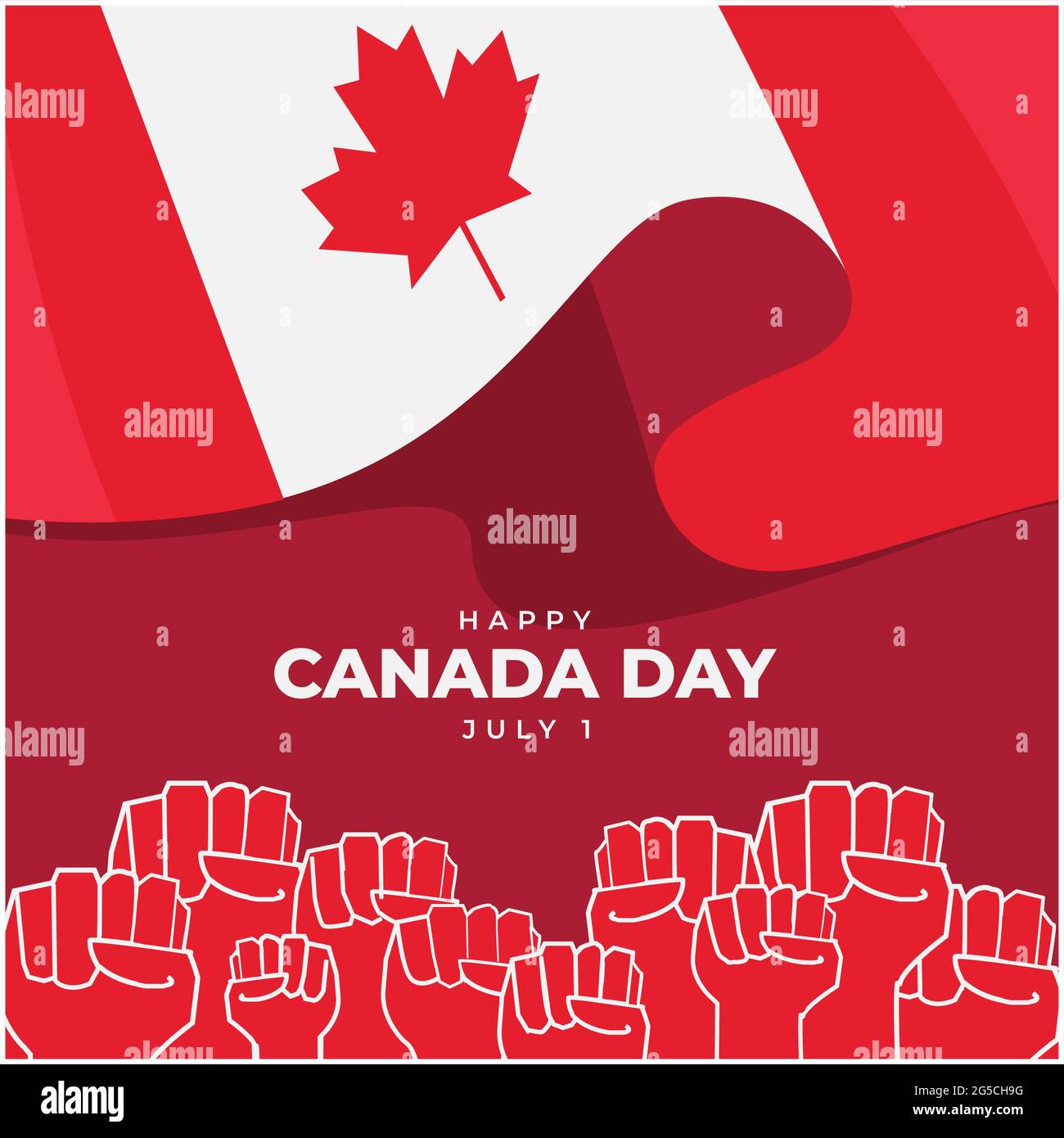 Illustration de la Journée du Canada heureux sur fond rouge. Ils sont le drapeau du Canada, la feuille d'érable et les mains des jeunes dans l'affiche Illustration de Vecteur