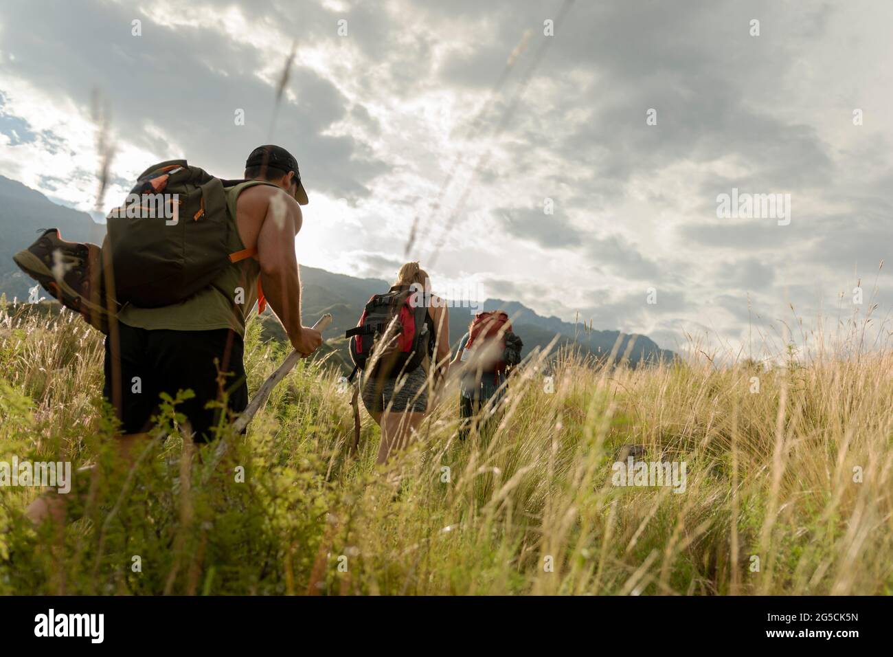 Groupe de randonneurs randonnée à travers la campagne en été avec de l'herbe haute par jour nuageux Banque D'Images