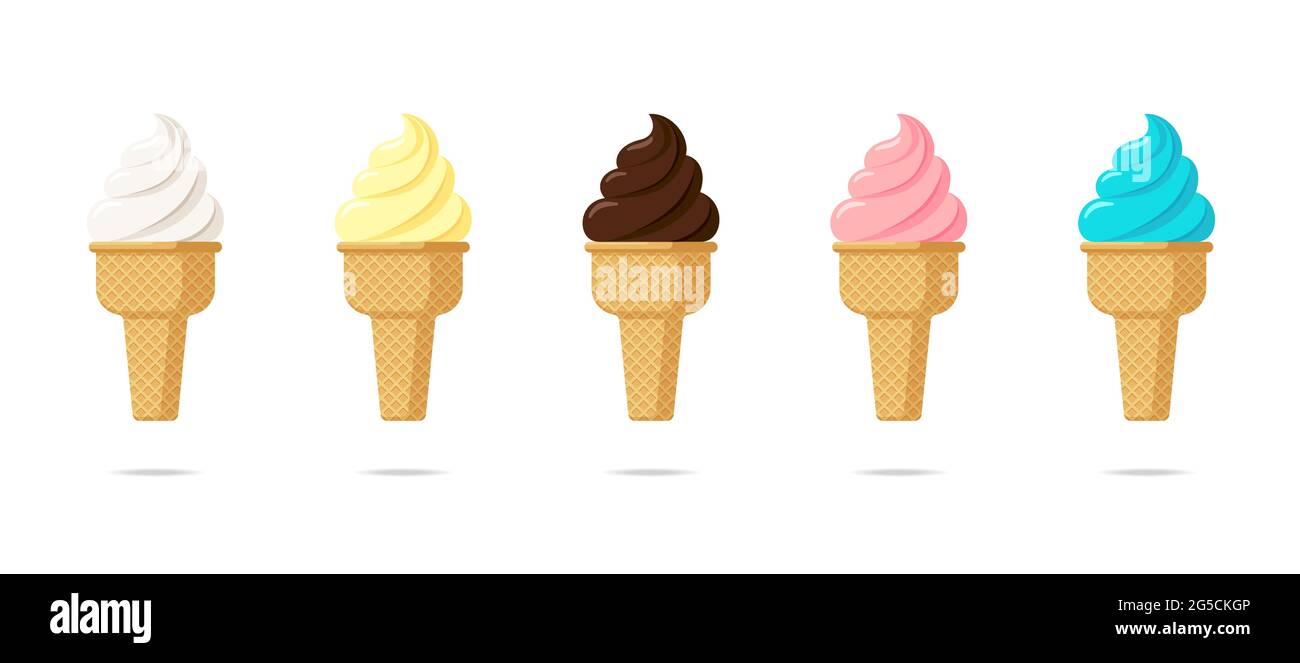 Délicieuse glace à tourbillons multicolores dans un ensemble de cornets de gaufres.Le chocolat à la vanille et la fraise à la pistache ont un goût de glace tordue sur fond blanc.Illustration de la conception d'un produit de style dessin animé plat mignon Illustration de Vecteur