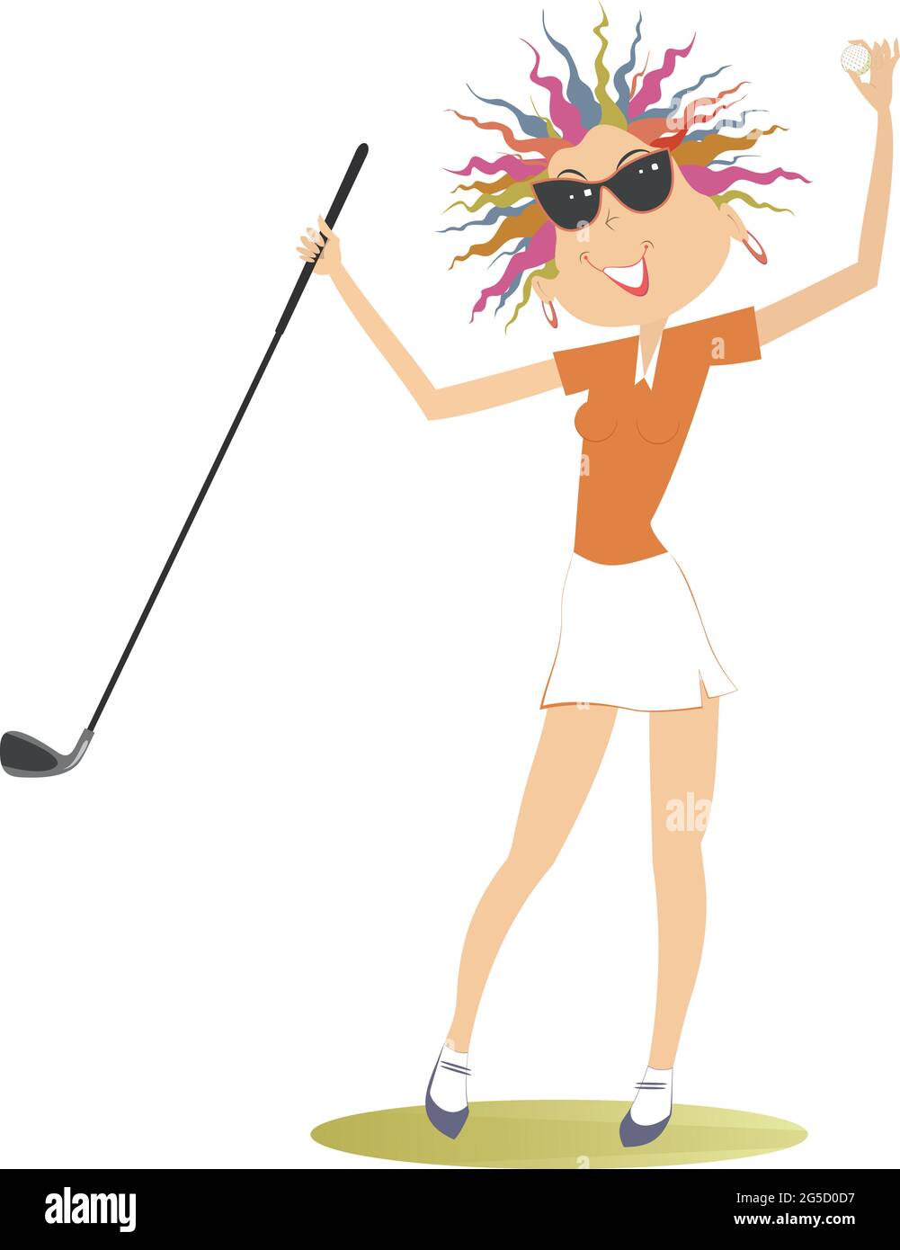 Jeune golfeur femme sur l'illustration du terrain de golf. Bonne golfeuse  femme dans des lunettes de soleil tient un club de golf et balle de golf  isolé sur blanc Image Vectorielle Stock -