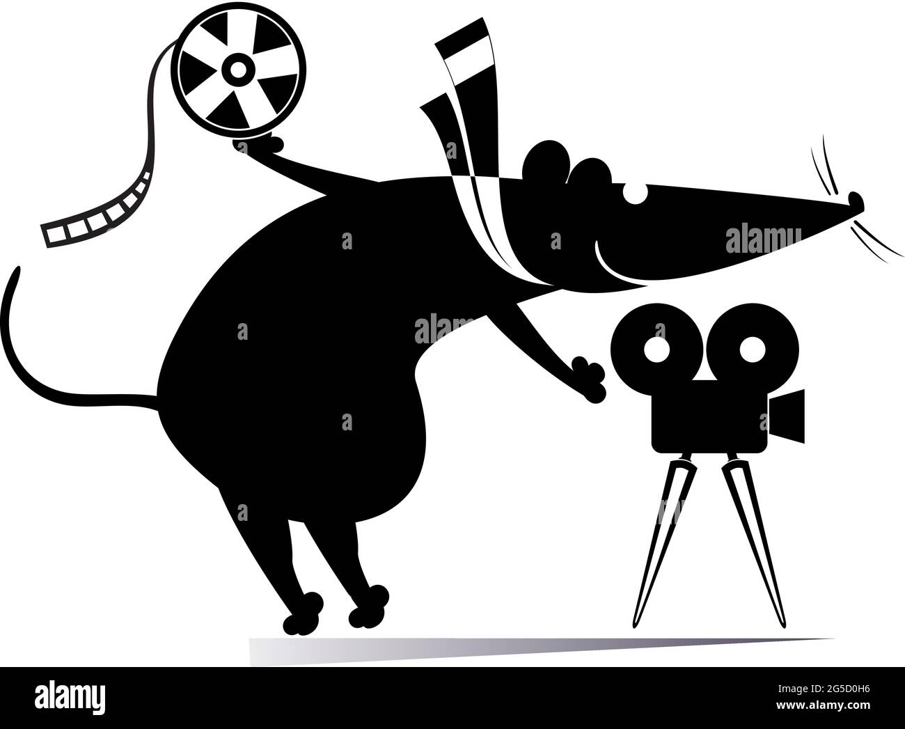 Bande dessinée rat ou souris, projecteur de film, illustration de bande. Drôles de rat ou de souris près du projecteur de film et tient un ruban noir sur blanc Illustration de Vecteur