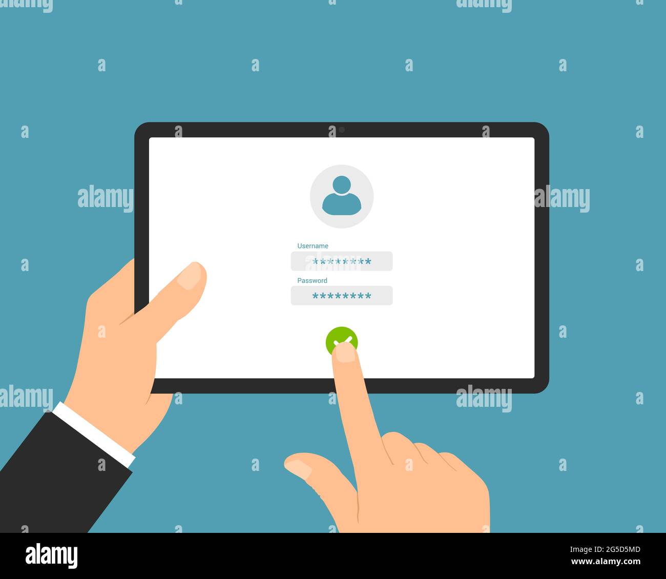 Illustration plate d'une main de Manager tenant une tablette. Saisissez le nom d'utilisateur et le mot de passe sur l'écran de connexion - Vector Illustration de Vecteur