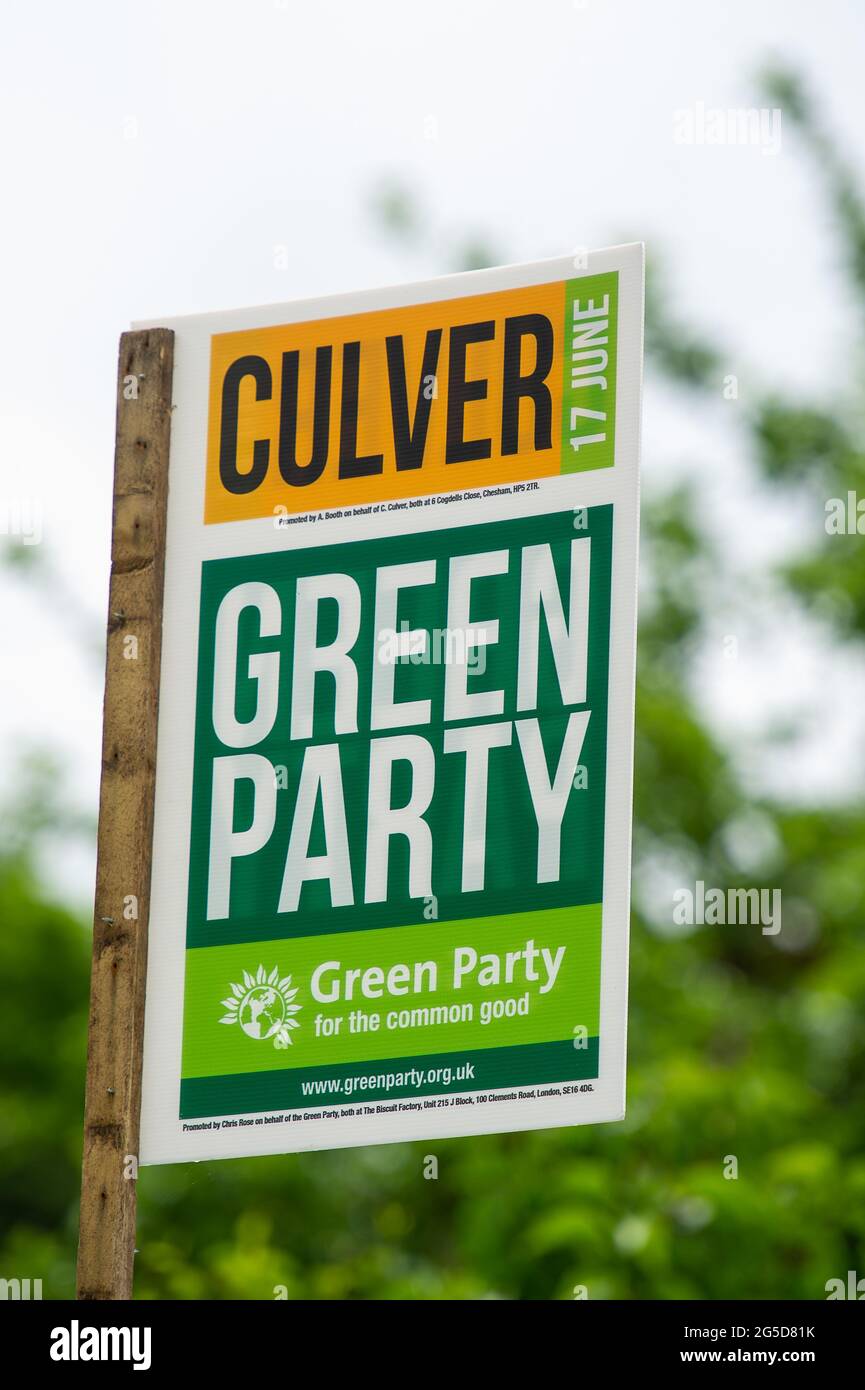 Amersham, Buckinghamshire, Royaume-Uni. 25 juin 2021. À la suite de l'élection partielle dans Amersham et Chesham, les affiches de vote du Parti Vert restent dans Amersham pour la candidate Carolyne Culver. Les conservateurs ont perdu leur siège aux libéraux-démocrates, mais le Parti Vert a battu le Parti travailliste à l'élection partielle. Carolyne Culver, conseillère du Parti Vert, est anti-HS2. La construction du train à grande vitesse 2 a un impact préjudiciable énorme sur les Chilterns et de nombreux résidents locaux ont refusé de voter Tory en raison de HS2. Crédit : Maureen McLean/Alay Banque D'Images