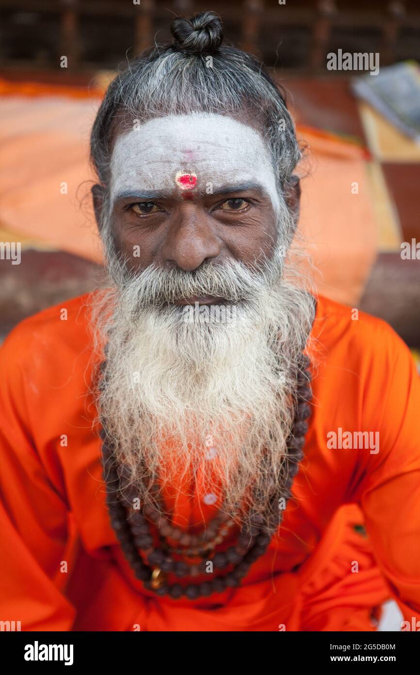 Portrait d'un sadhu avec un marquage tilak (à partir de bois de santal/pâte de chandan) sur le front à Madurai, Tamil Nadu, Inde Banque D'Images