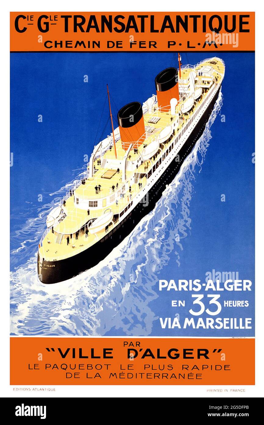 Une affiche de voyage vintage pour le bateau à vapeur français ville d'Alger qui traverse Marseille à Alger Banque D'Images