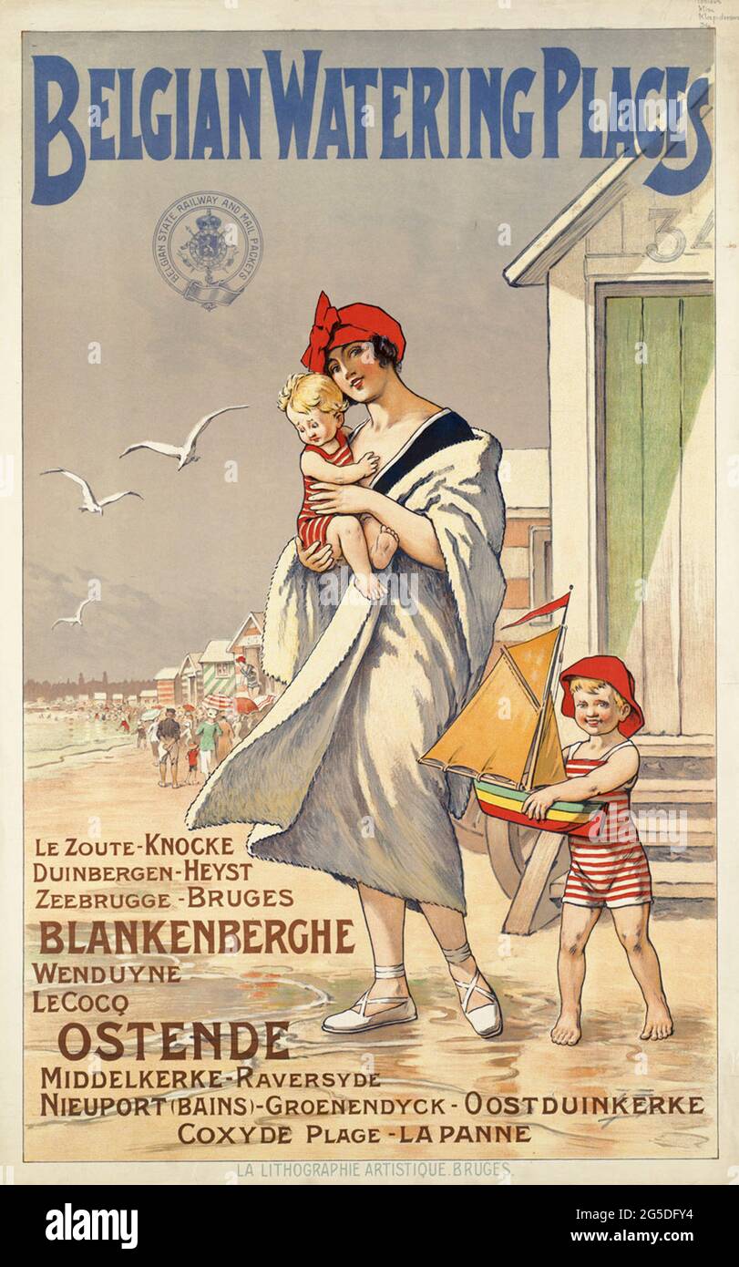Une affiche de voyage vintage pour les stations balnéaires belges, appelées points d'eau belges Banque D'Images