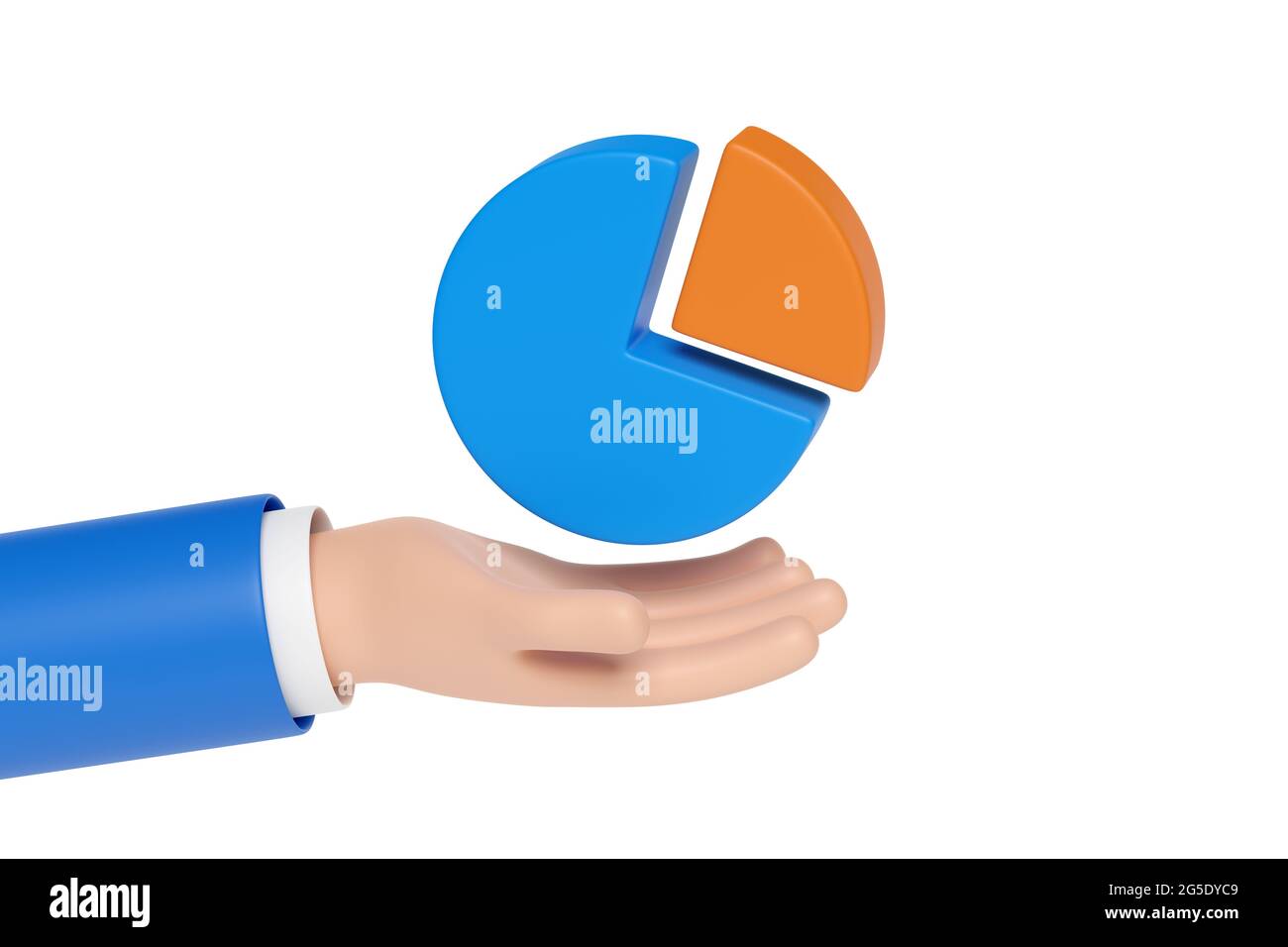 Main de dessin animé tenant un graphique à secteurs isolé sur fond blanc. illustration 3d. Banque D'Images