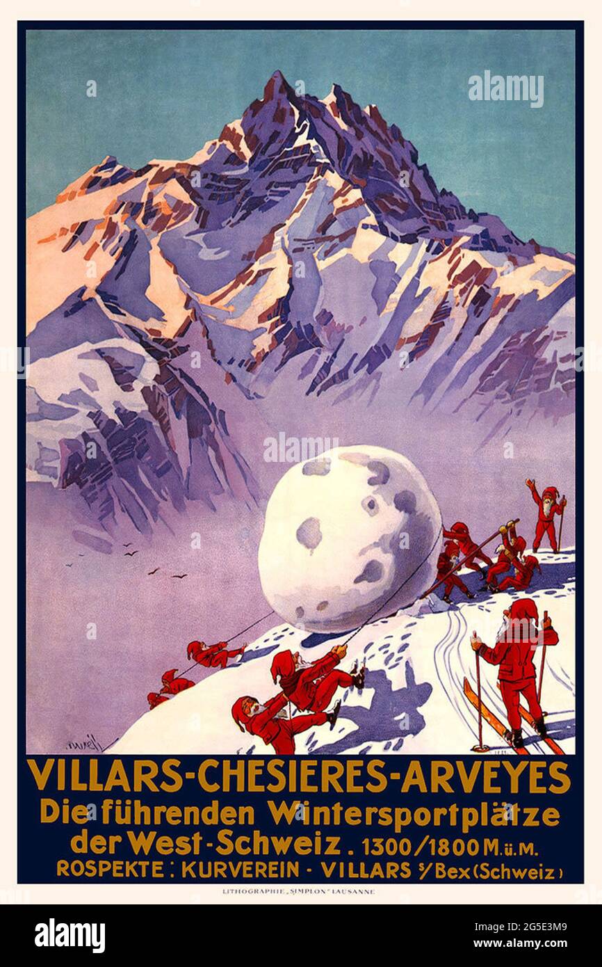 Affiche de voyage vintage pour les sports d'hiver Villars, Chesieres et Arveyes en Suisse Banque D'Images