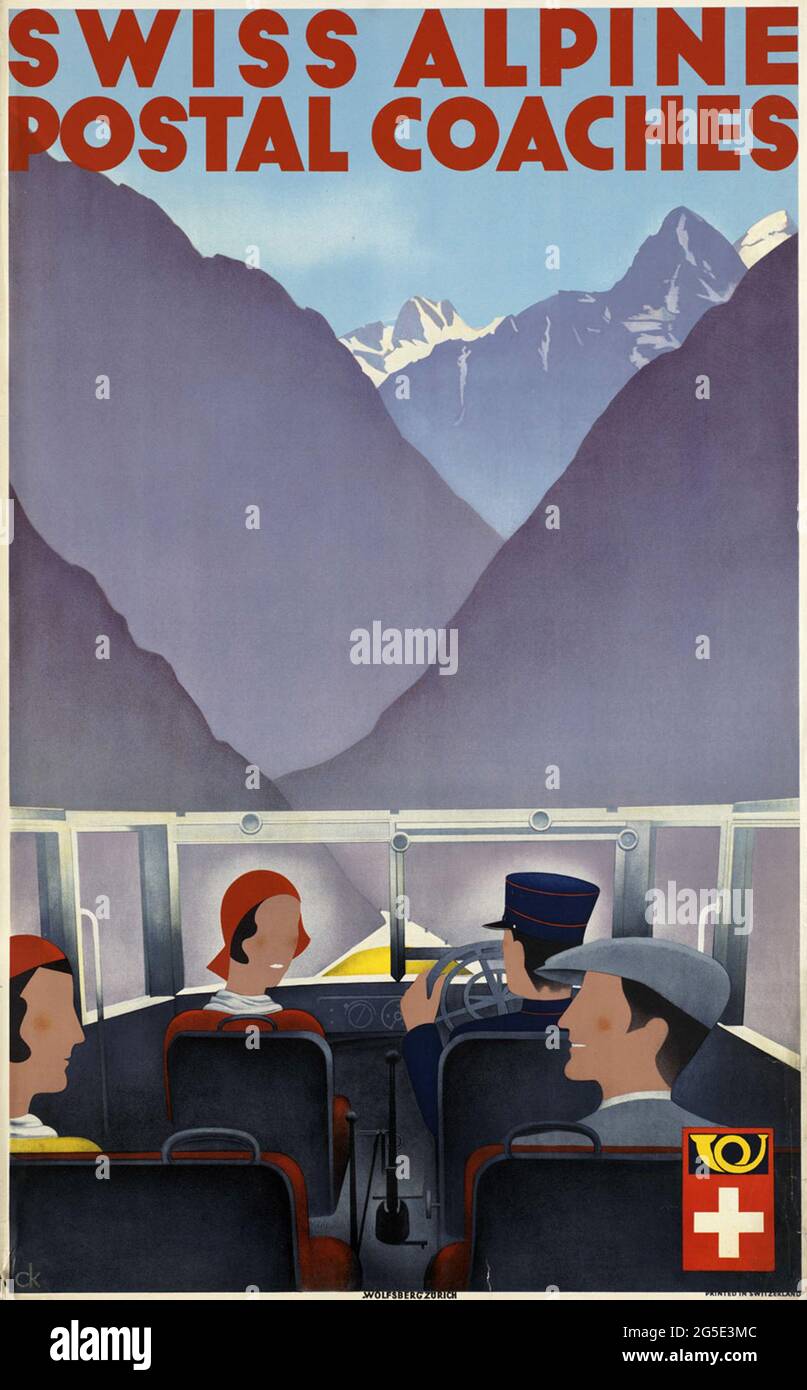 Une affiche de voyage vintage pour la Suisse sur les entraîneurs postaux alpins suisses Banque D'Images