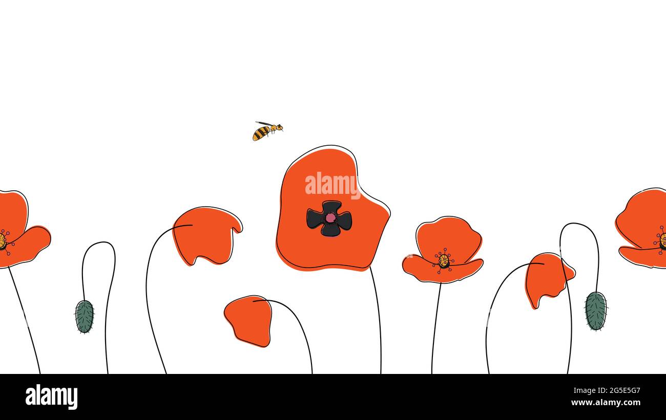 Bordure sans couture des coquelicots main dessinée dans le style de dessin animé naïf d'enfants simplifié sur fond blanc.mignon abeille assise sur fleur.pour la conception de site Web Illustration de Vecteur