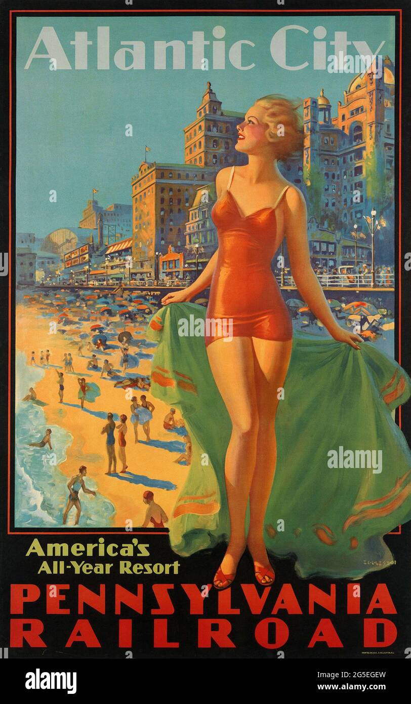 Une affiche de voyage vintage pour Atlantic City et le Pennsylvania Railroad, USA Banque D'Images