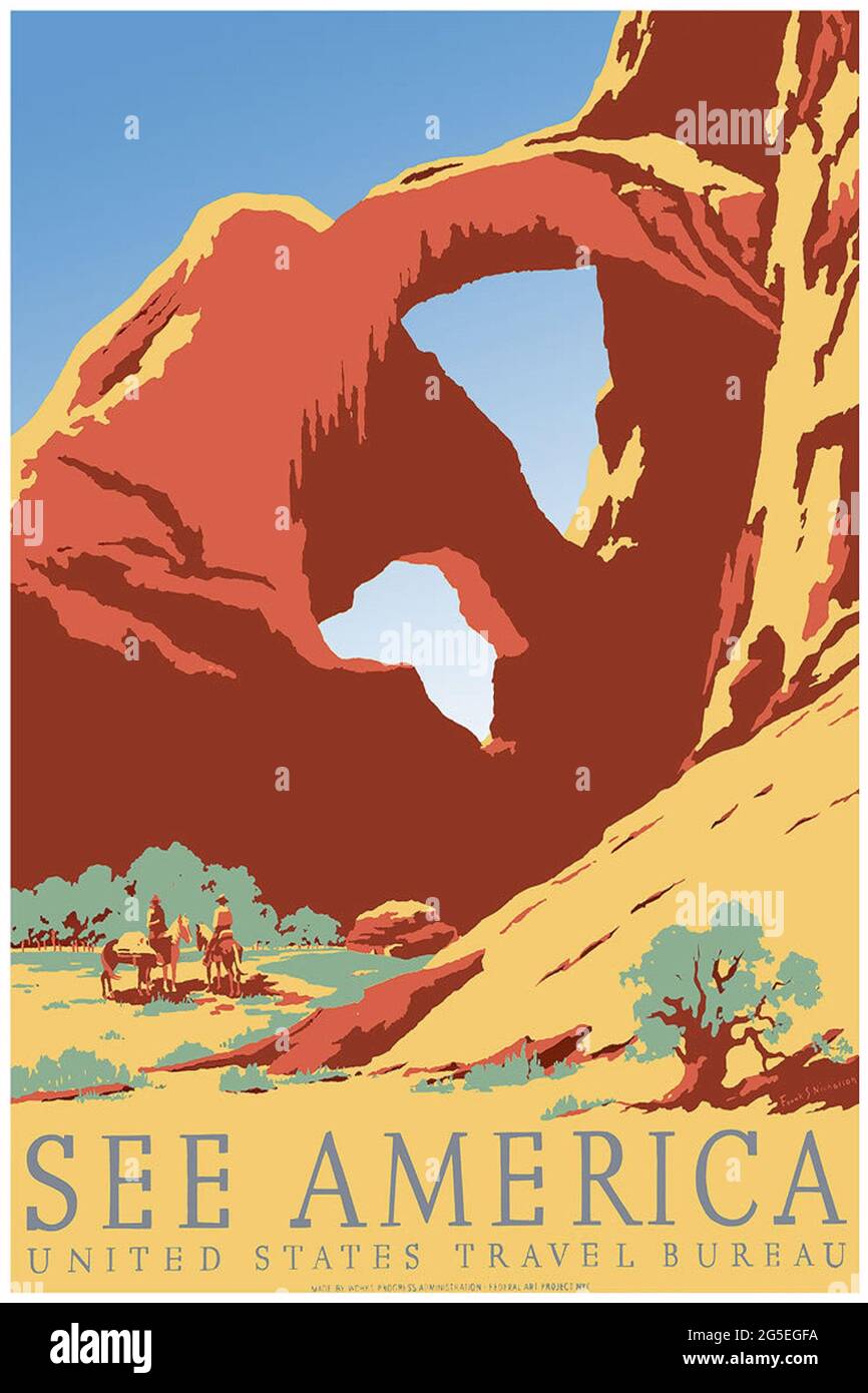 Affiche de voyage vintage pour les États-Unis montrant le parc national d'Arches, Moab, Utah Banque D'Images