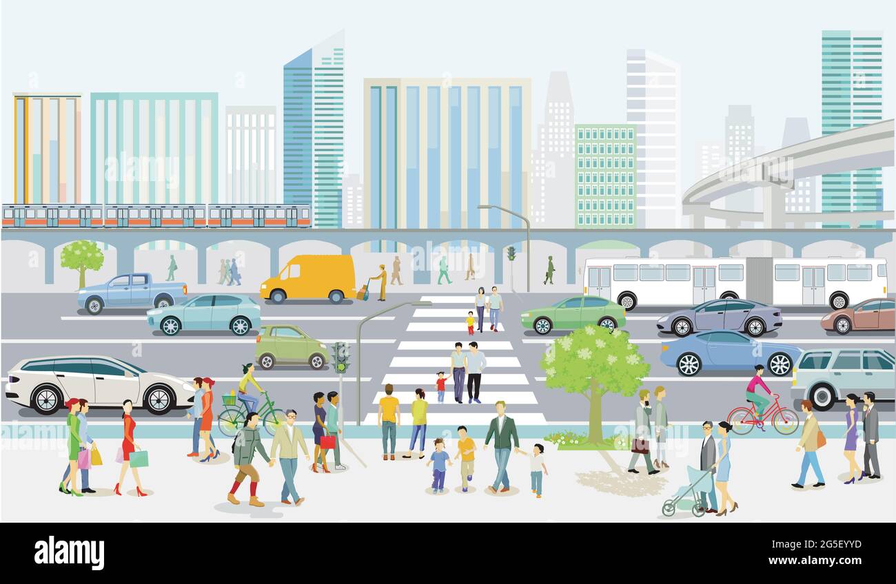 Silhouette de ville moderne avec circulation routière et piétons sur le passage à Zébra, illustration Illustration de Vecteur