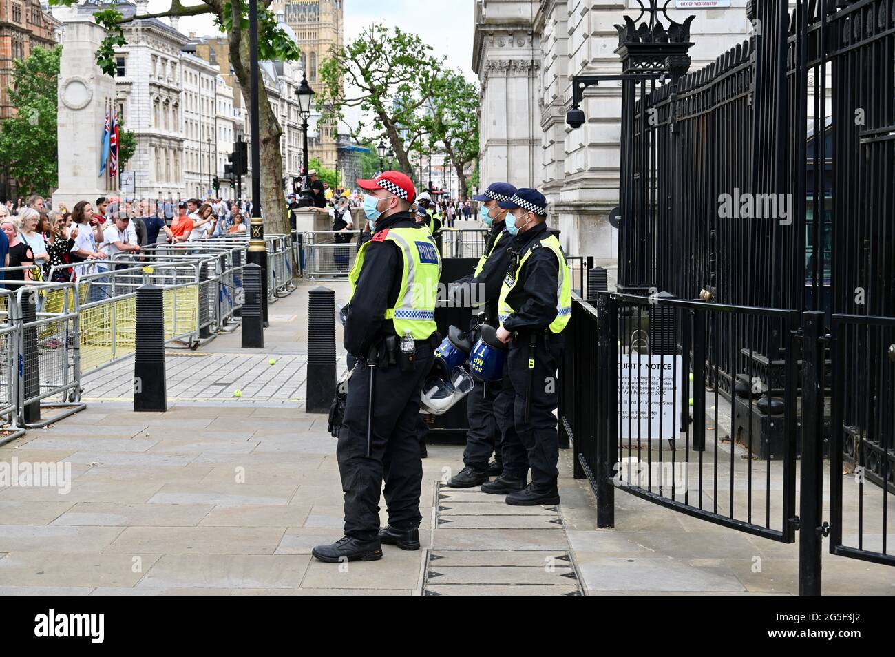 Les officiers de police métropolitaine gardent l'entrée de Downing Street tandis que des manifestants anti-verrouillage se rassemblent, Whitehall, Londres. ROYAUME-UNI Banque D'Images