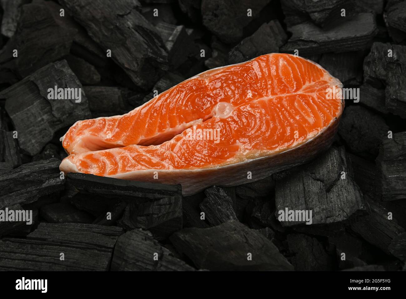 Gros plan sur le steak de saumon cru sur des morceaux de charbon de bois de bœuf noir prêts pour la cuisson au barbecue, vue en grand angle Banque D'Images