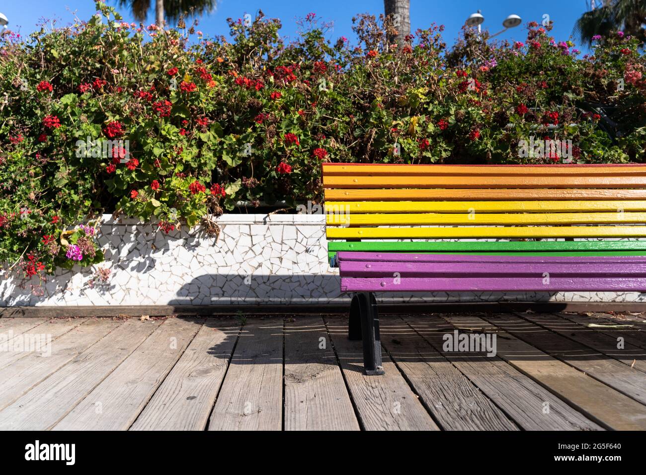 Image d'un banc de couleur demi-arc-en-ciel avec fond floral dans la ville de Valence, Espagne. Concept du jour de la fierté Banque D'Images