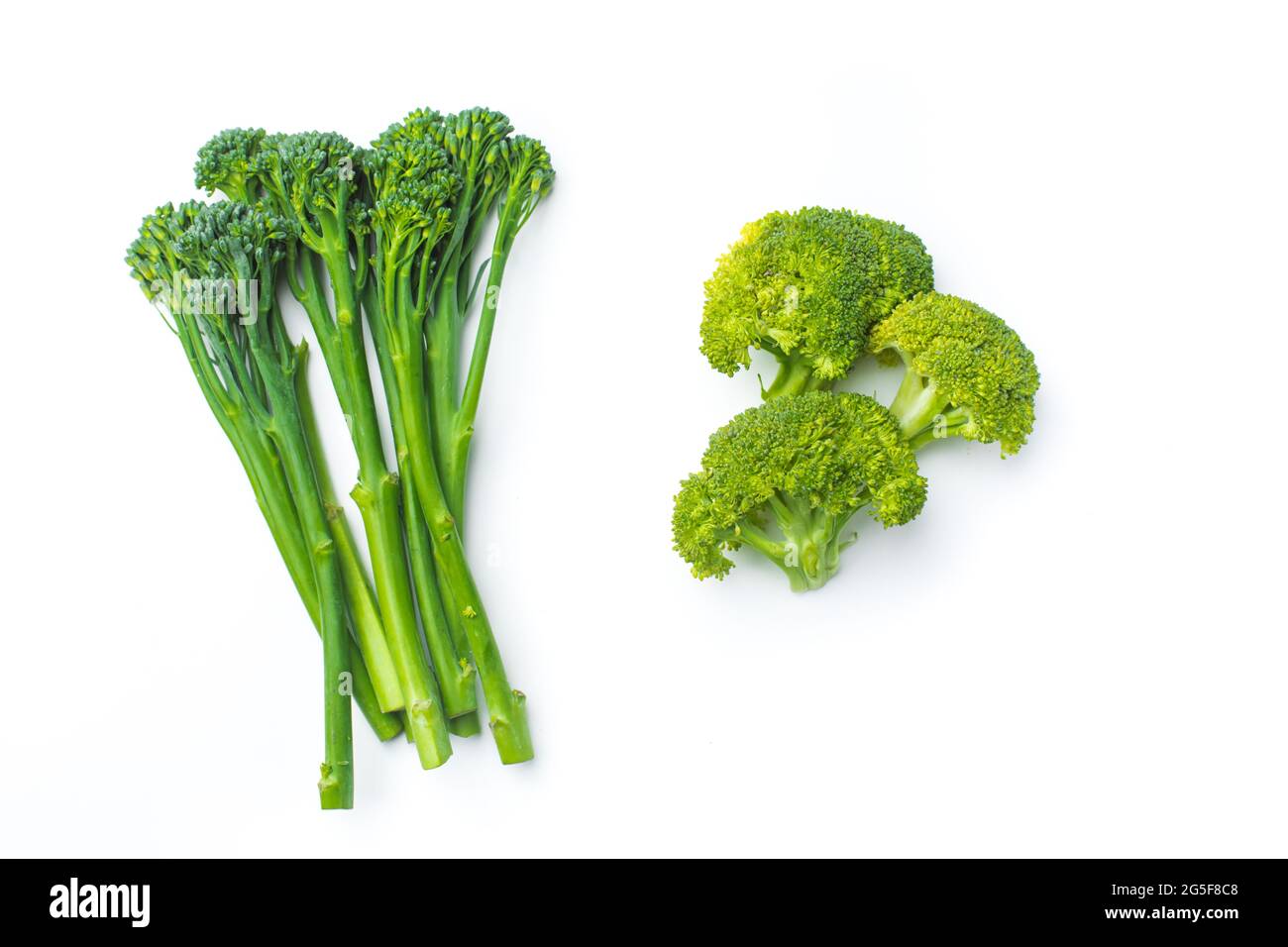 Broccolini cru à la rangée sur fond blanc Banque D'Images