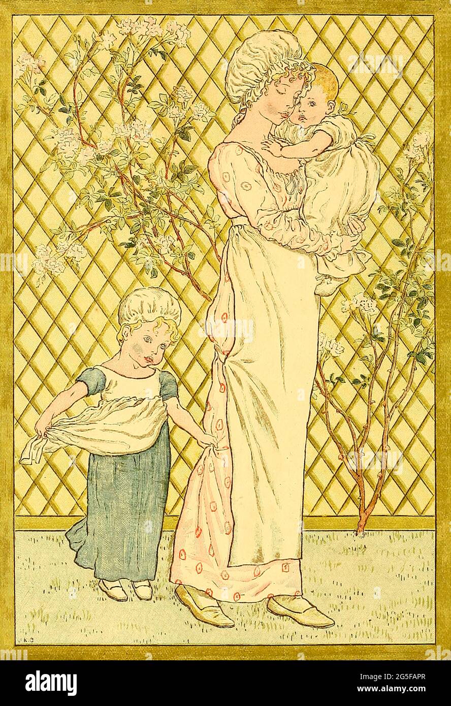 Illustration d'une mère tout-petit et d'un bébé du livre « UN jour dans la vie d'un enfant » illustré par Kate Greenaway. Musique de Myles Birket Foster, publiée à Londres et à New York par George Routledge and Sons en 1881 Banque D'Images