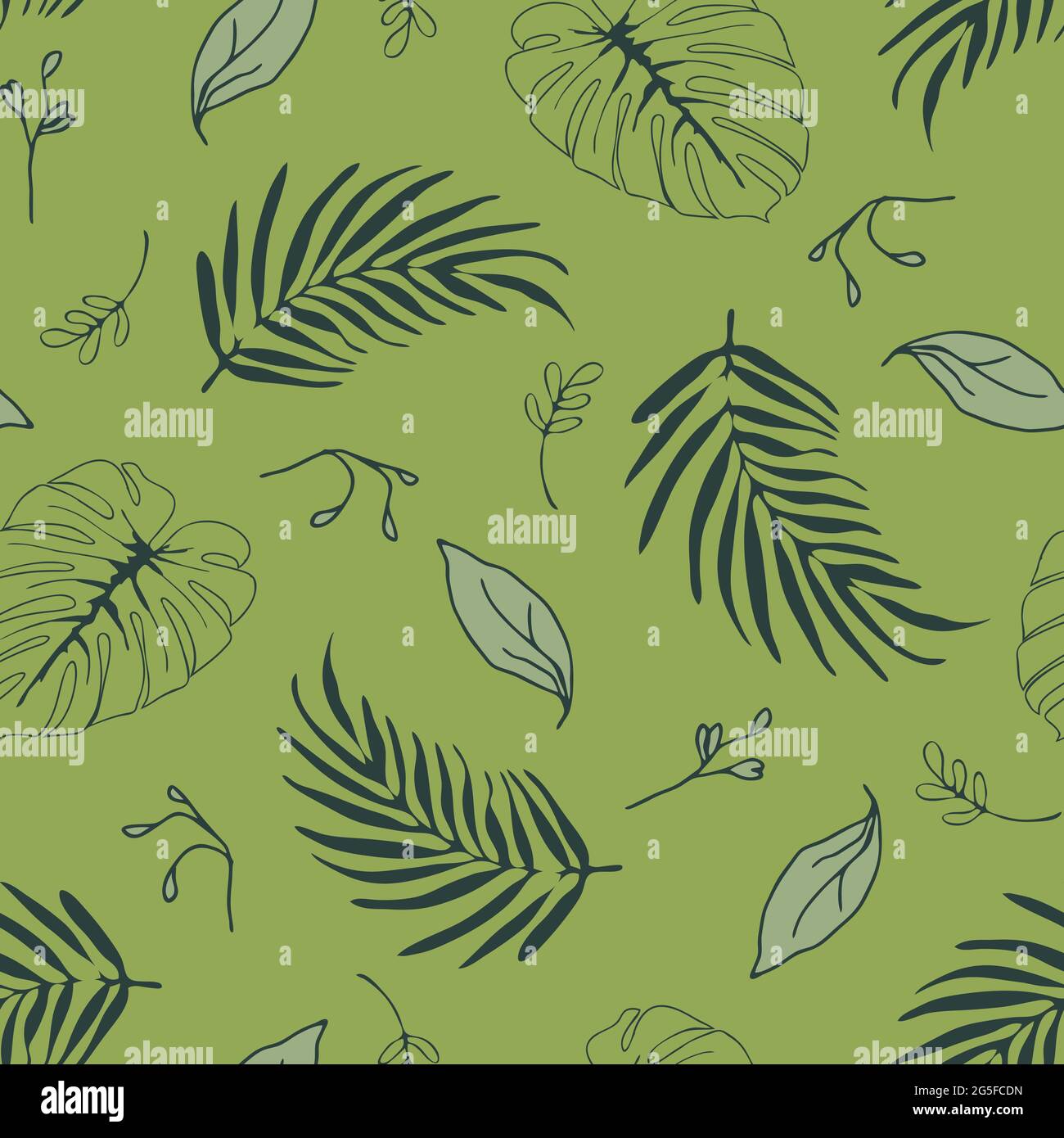 Motif vectoriel sans couture avec feuilles tropicales sur fond vert. Papier peint à motif feuilles de palmier. Tissu décoratif été fleuri de mode. Illustration de Vecteur