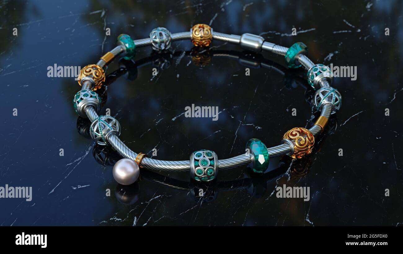 Bracelet pour femmes, gros plan Charms, bijoux, illustration de rendu 3d. Banque D'Images