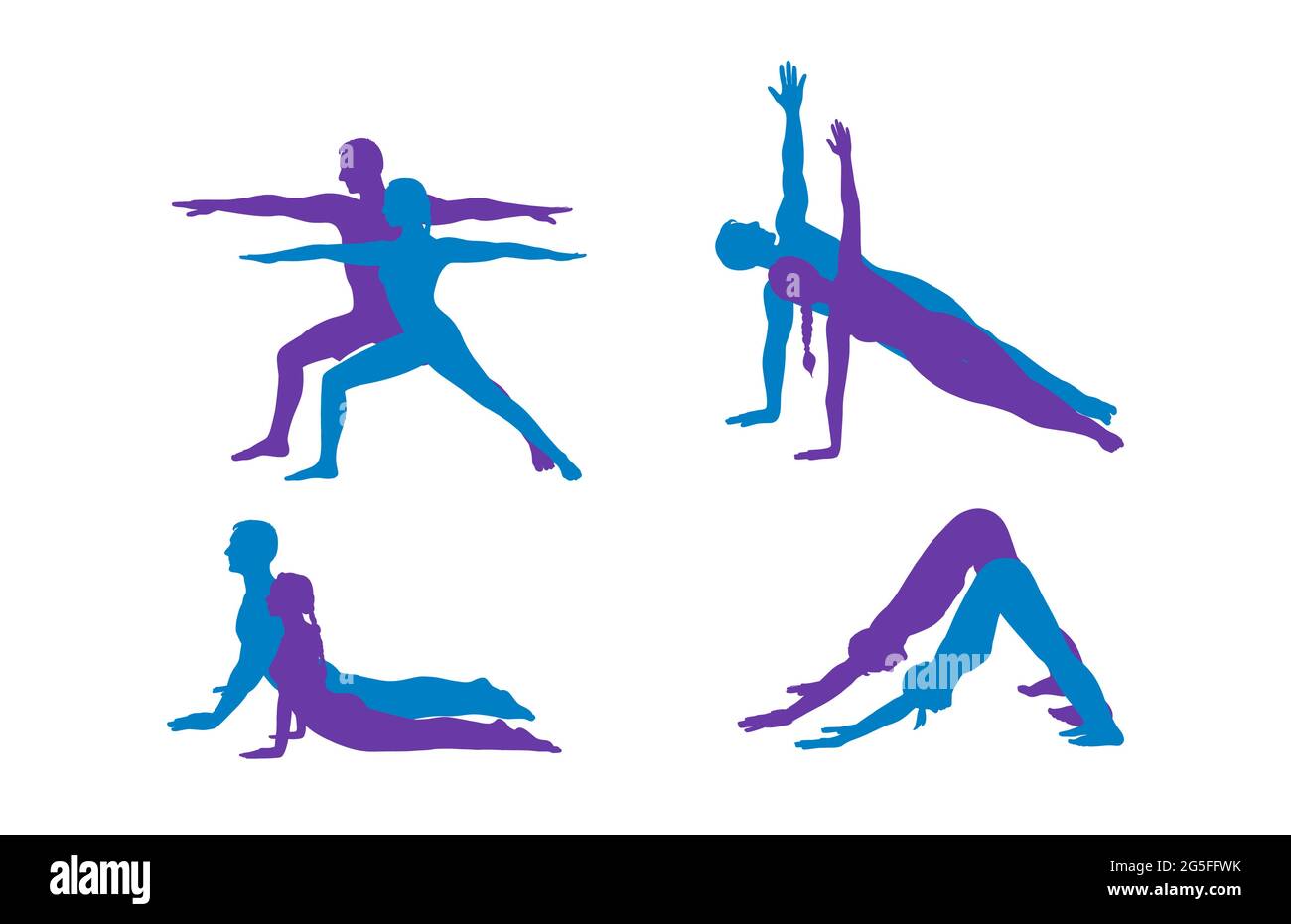 Guerrier de yoga, chien, cobra et planche latérale. Les silhouettes hommes et femmes renforcent les poses de yoga. Illustration vectorielle dessinée à la main isolée sur fond blanc Illustration de Vecteur