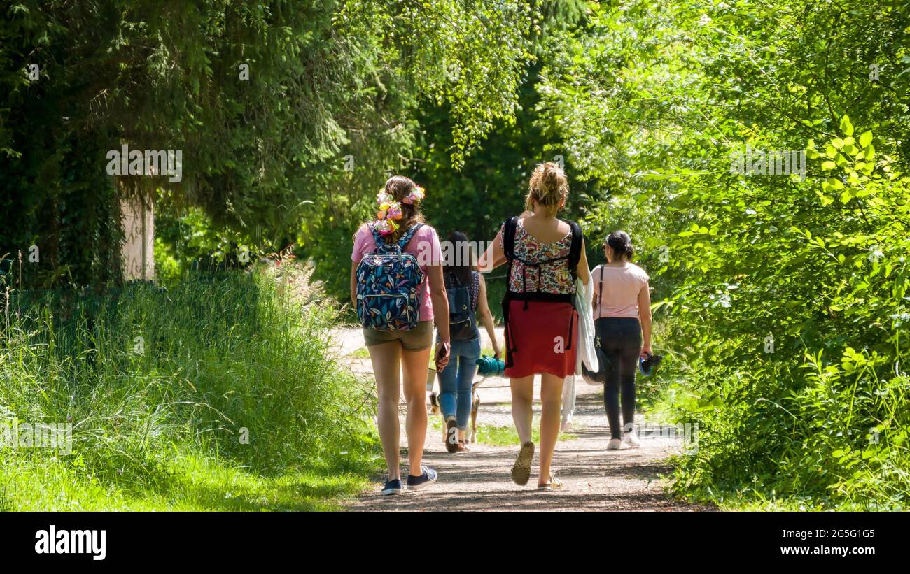 Groupe de randonneurs en mouvement dans une réserve naturelle Banque D'Images