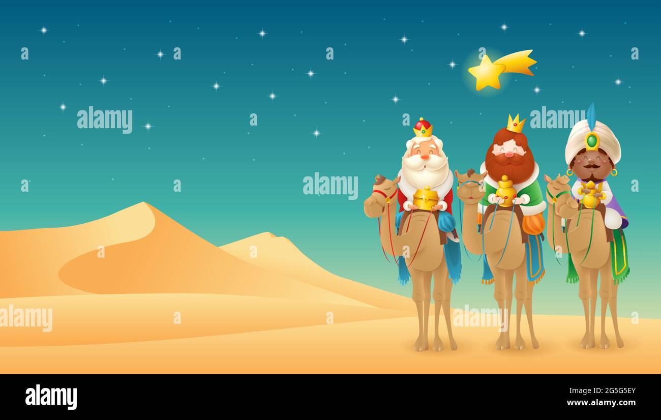 Trois Sages ou trois Rois ou Mag apportent des cadeaux au petit Jésus né - paysage du désert - illustration vectorielle Illustration de Vecteur