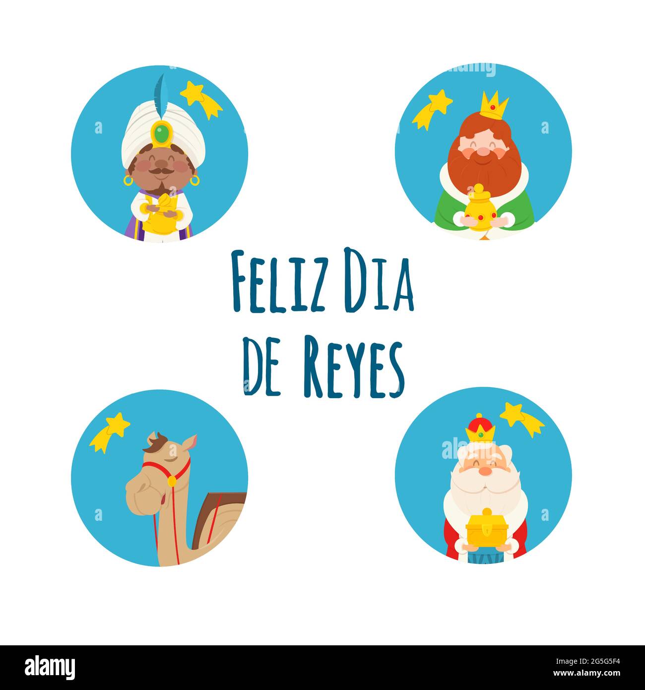 Ensemble d'illustrations vectorielles Epiphany - trois Sages et chameau. Traduction: 'Happy Three Kings Day' Illustration de Vecteur