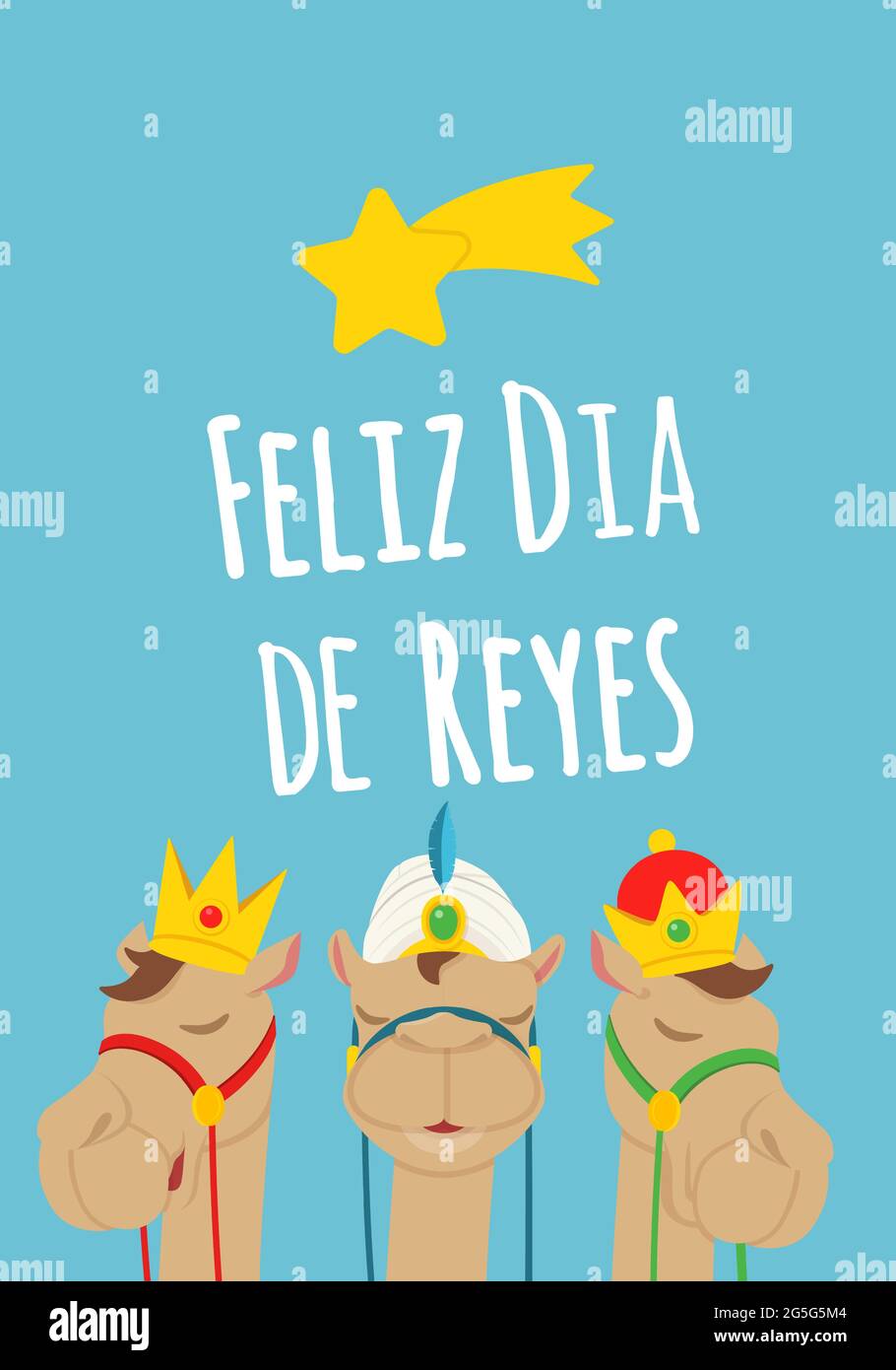 Carte de vœux mignonne - les chameaux avec trois couronnes de Rois célèbrent Epiphany - style de dessin animé Illustration de Vecteur