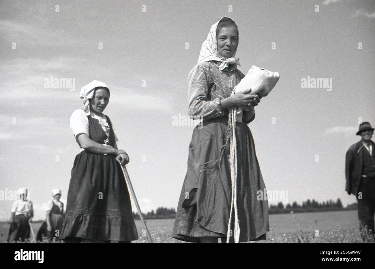 1930s, historique, des femmes tchèques ouvriers agricoles dans le champ, un au premier plan de son déjeuner enveloppé de tissu. Cette région de la Tchécoslovaquie, était connue à l'époque comme les Sudètes, car ils étaient beaucoup d'Allemands de souche vivant dans les terres frontalières tchèques de la Bohême. Banque D'Images
