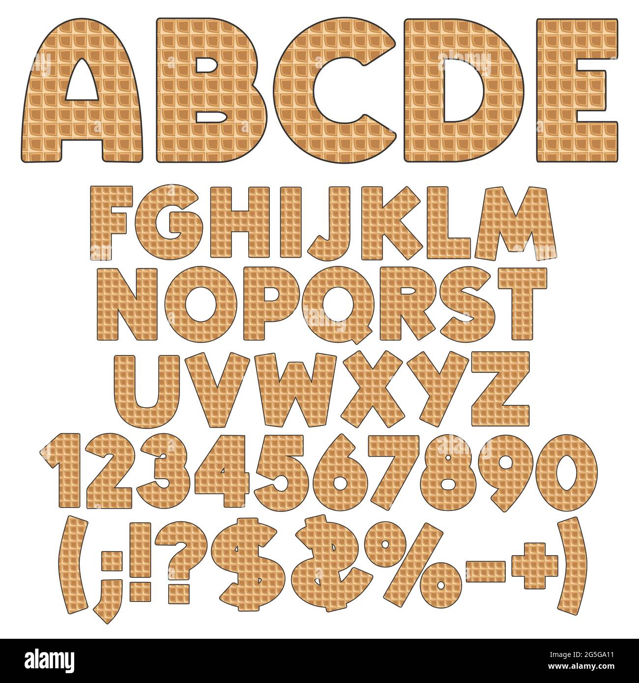 Alphabet, chiffres et signes des gaufrettes. Objets vectoriels isolés sur fond blanc. Illustration de Vecteur