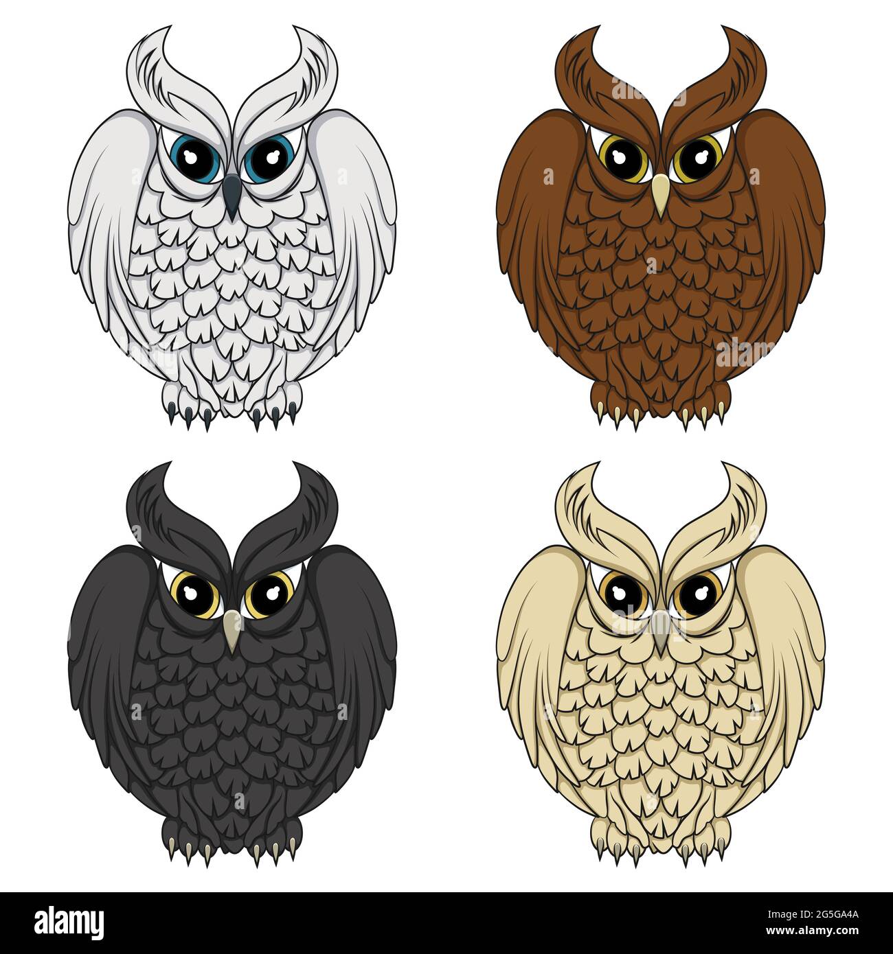 Ensemble d'images couleur avec hiboux. Objets vectoriels isolés sur fond blanc. Illustration de Vecteur