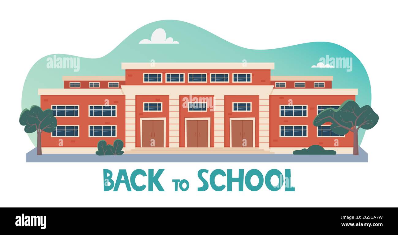 Concept de rentrée des classes. Extérieur moderne du bâtiment scolaire. Façade du bâtiment de l'école secondaire avec de grandes fenêtres. Conception pour prospectus, bannières, cartes. Vecteur Ill Illustration de Vecteur