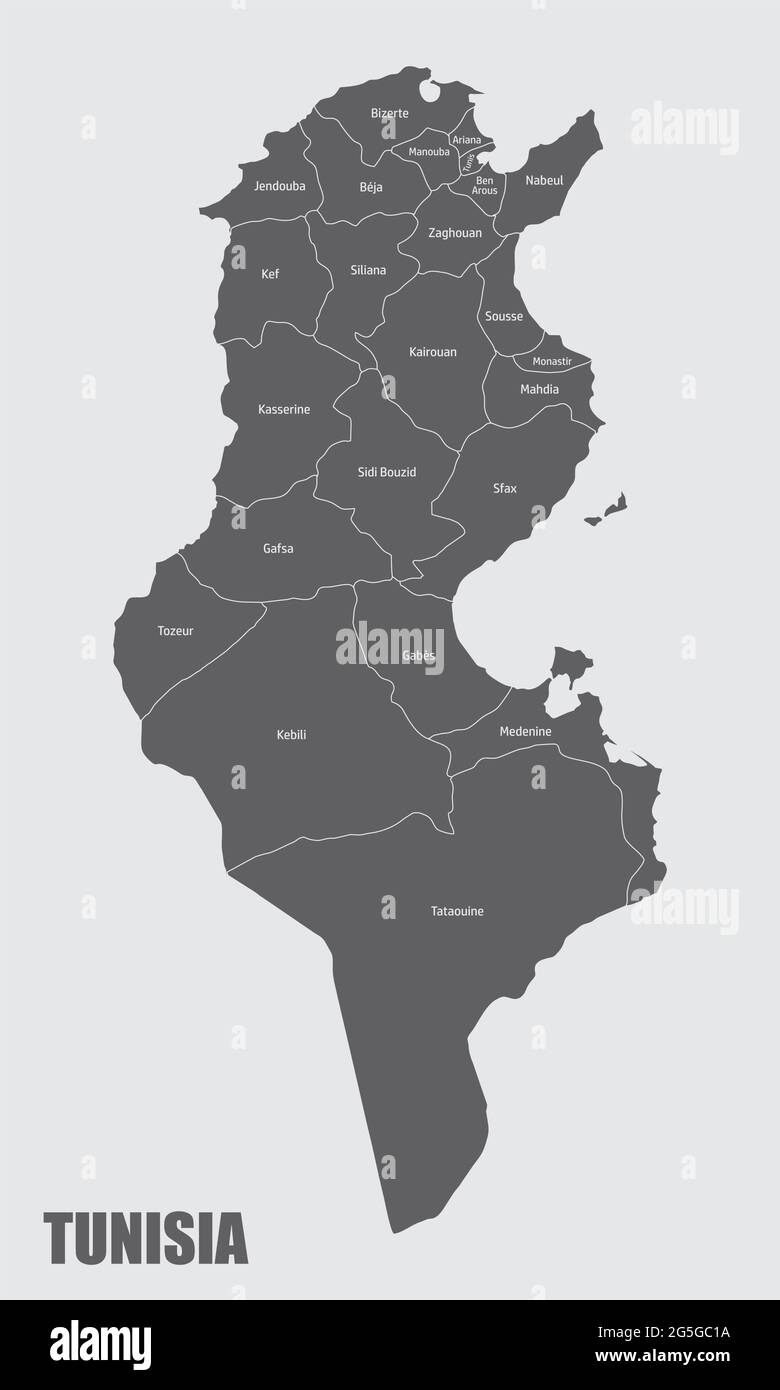 La carte administrative de la Tunisie divisée en provinces avec des étiquettes Illustration de Vecteur
