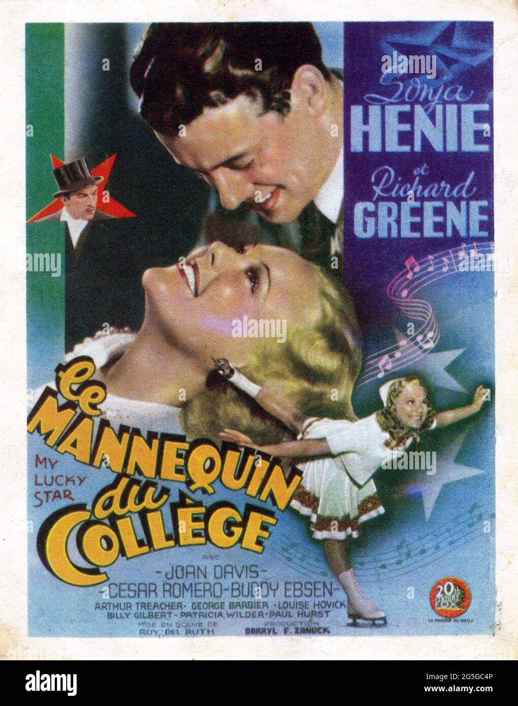 SONJA HENIE RICHARD GREENE et CESAR ROMERO dans MON CHANCEUX Star 1938 réalisateur ROY DEL RUTH histoire Karl Tunberg et Don Ettlinger costume design Royer XXème siècle Fox Banque D'Images