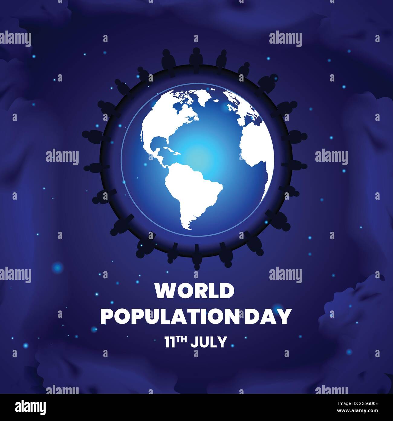 Illustration de la journée mondiale de la population. Beaucoup de gens sont debout sur la terre. L'arrière-plan est décorant avec la couleur bleue de l'espace. Illustration de Vecteur