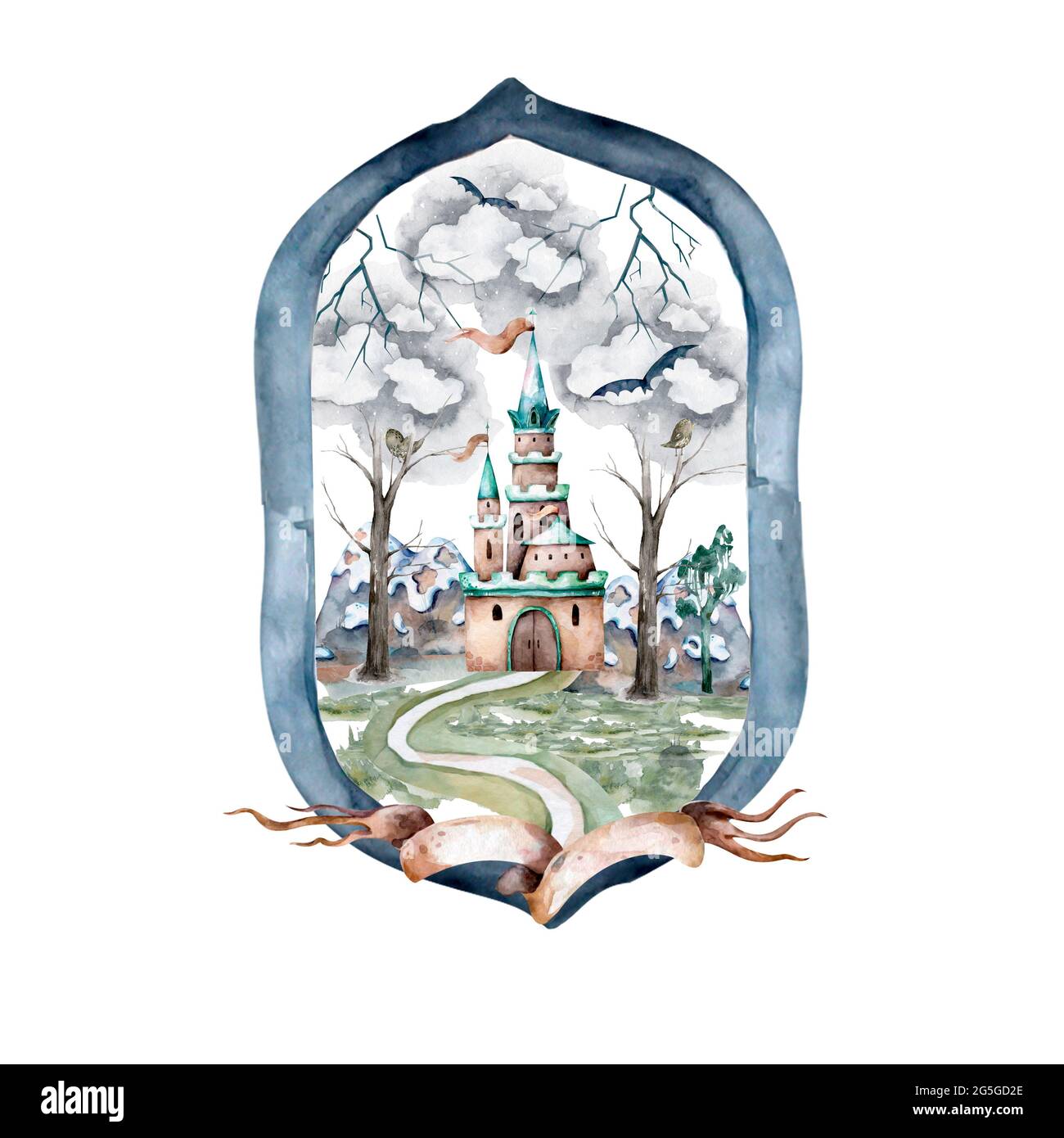 Joli château de dessins animés. Illustration isolée de dessin animé aquarelle dessinée à la main Banque D'Images