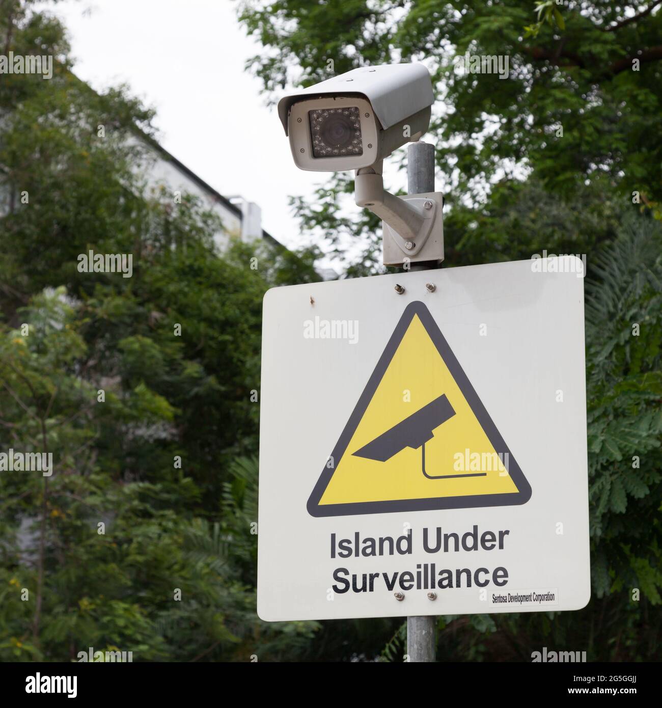 Panneau indiquant « Island Under surveillance » sous une caméra de vidéosurveillance Banque D'Images