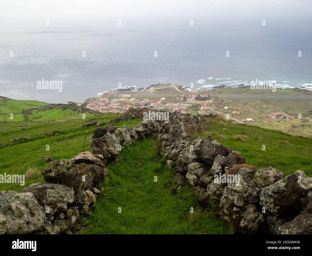 Chemin de randonnée entre les murs de pierre qui divisent les champs d'herbe verte de l'île de Corvo, Açores Banque D'Images