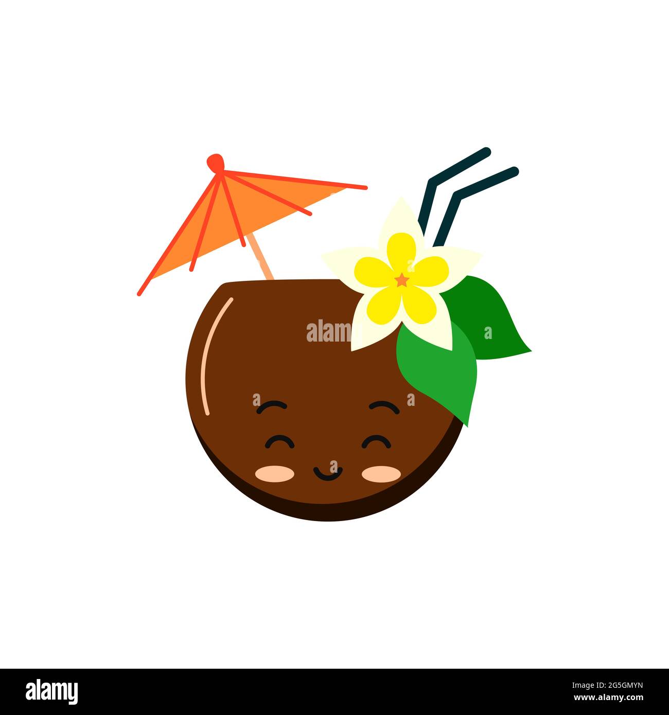 Mignon cocotier de noix de coco avec paille, fleur et parapluie Illustration de Vecteur