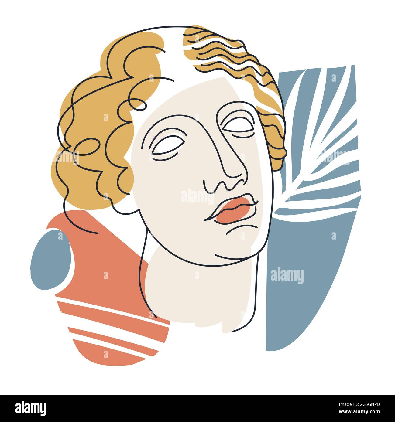 Femme minimaliste. Illustration vectorielle avec le visage de la femme en style artistique en ligne, formes abstraites et feuilles de palmier pour poster, t-shirt et lot Illustration de Vecteur